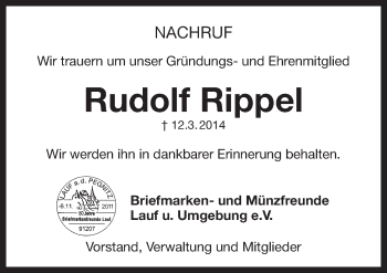 Traueranzeige von Rudolf Rippel von Pegnitz-Zeitung